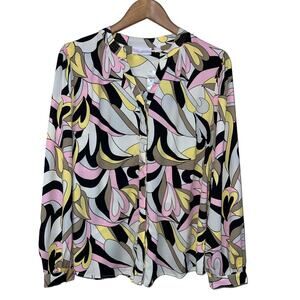 Belle Kim Gravel Top Blouse Medium Heart Print Retro Mod Button Shirt V-Neck New
